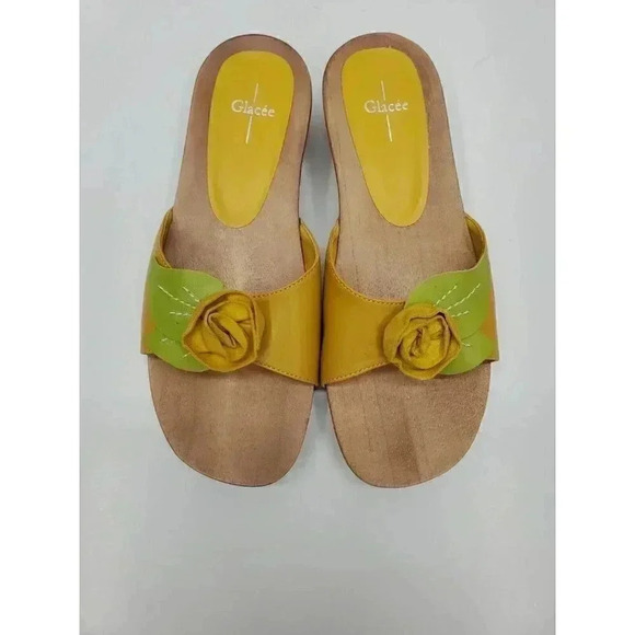 Glacee Marjorie Yellow Leather Sandals with Wooden Sole Women's Size 8 New - Picture 3 of 8